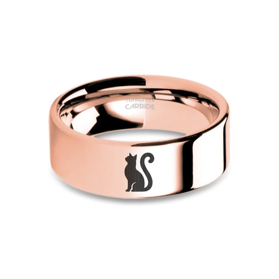 Curious Cat Laser Engraved Rose Gold Tungsten Ring, Polished, 8mm, Size 14