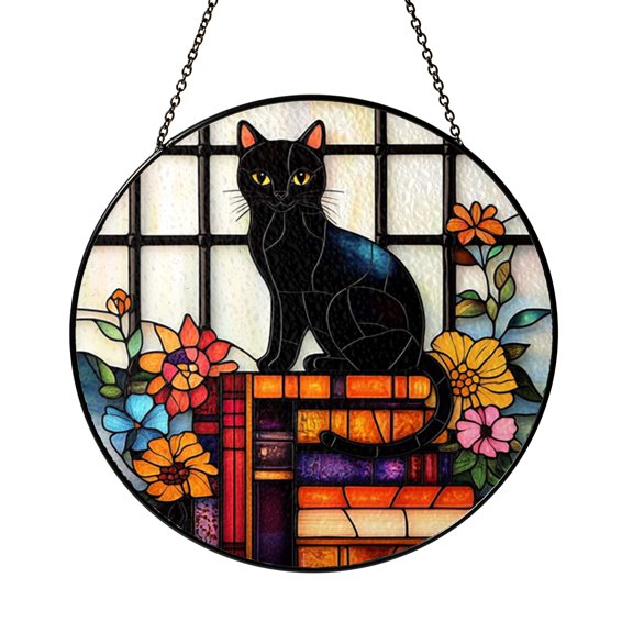 Curious Cat Library Scene Window Suncatcher, Decorative Stained Glass Style Hanging Art, Thoughtful Gift