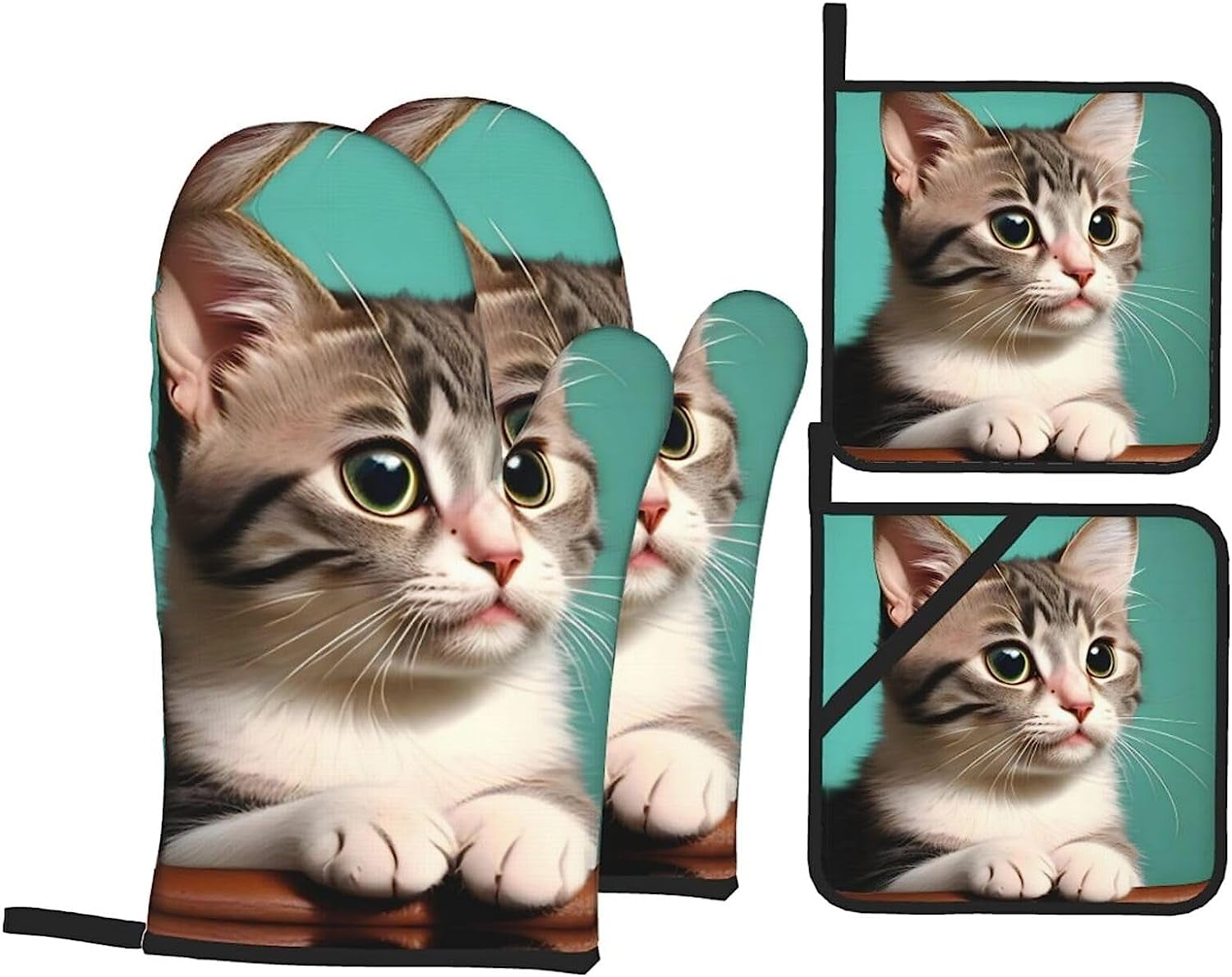 Curious Cat Oven Mitt and Pot Holder Set Heat Resistant Oven Mitt Grill