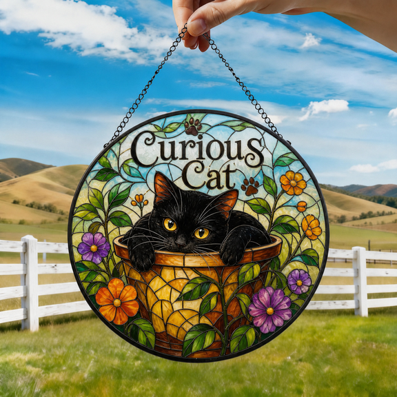 Curious Cat Stained Glass Suncatcher Window Hanging Acrylic Gift for Cat Lovers