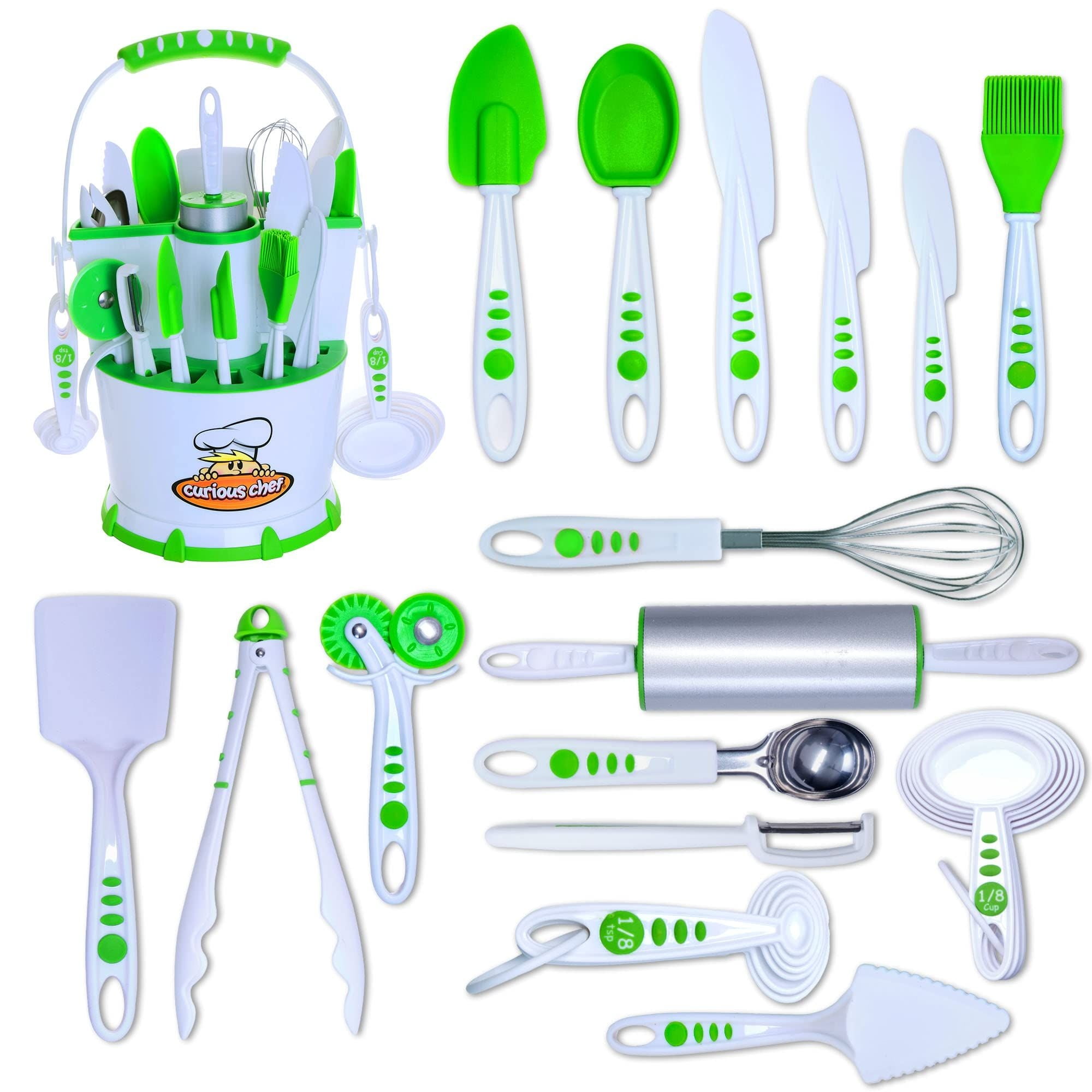 Curious Chef 30-Piece Caddy Collection Cookware, White/Green, Dishwasher Safe, BPA-Free Plastic, Includes Real Utensils - Rolling Pin, Spoons, Whisk, Knives, Measuring Cups, Vegetable Peeler \u0026 More