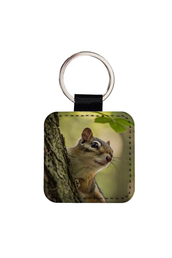 Curious Chipmunk Wildlife Nature Faux Leather Square Keychain