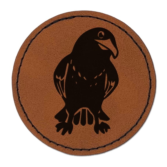 Curious Crow Raven Tilting Head 2.5" Faux Leather Round Engraved Iron-On Patch - Brown