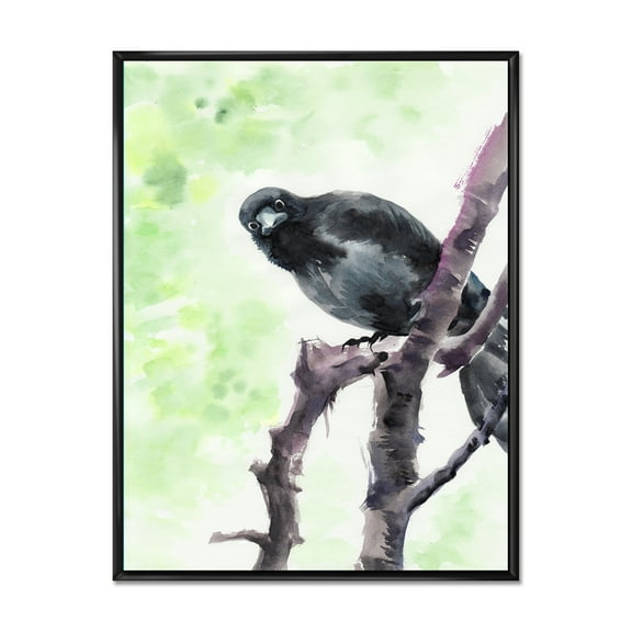 Curious Crow Sitting On A Branch 12 in x 20 in Framed Painting Canvas Art Print, by Designart