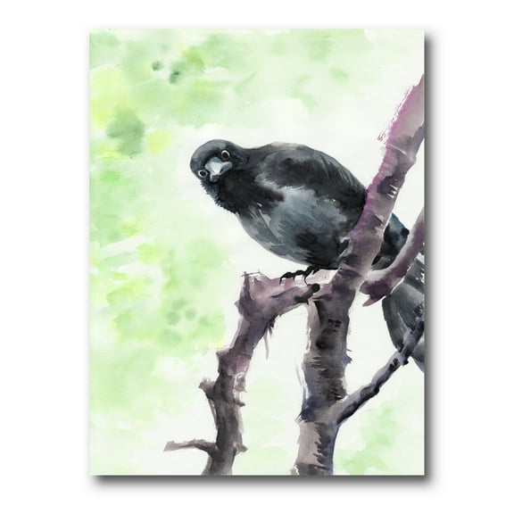 Curious Crow Sitting On A Branch 12 in x 8 in Painting Canvas Art Print, by Designart