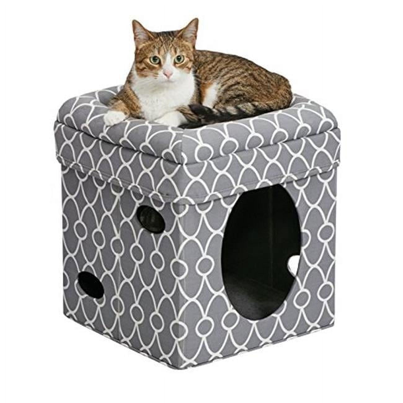 Gray Geometric Print Foldable Cat Cube with Plush Topper