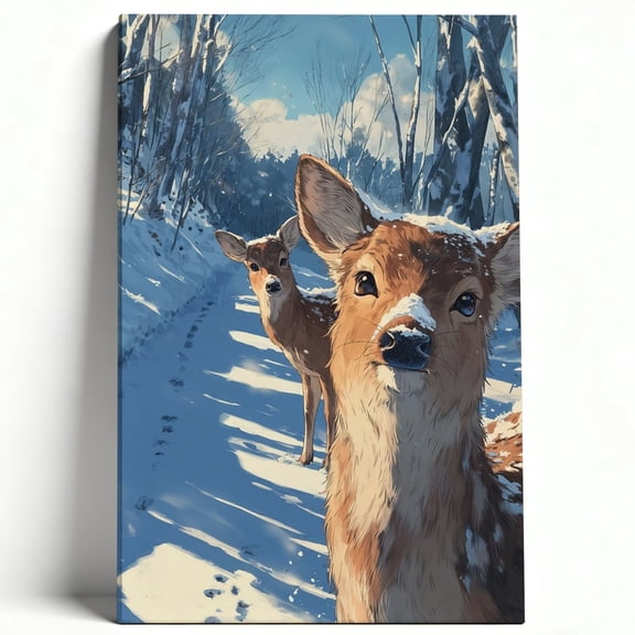Curious Deer In Snowy Forest Anime Style Framed Canvas Wall Art - Whimsical Winter Wildlife Print For Living Room, Bedroom, Cabin Decor 8*12inch(20*30cm)