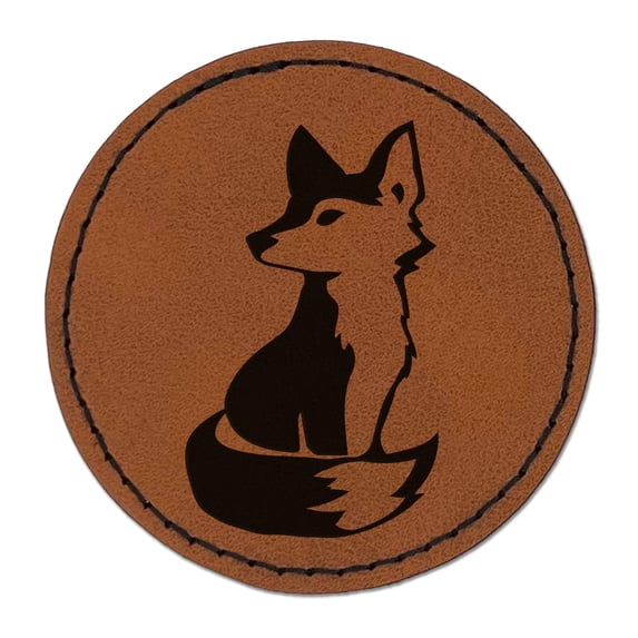Curious Fox Sitting Looking Back 2.5" Faux Leather Round Engraved Iron-On Patch - Brown