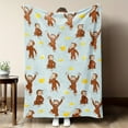 thumbnail image 1 of Curious George & Banana Print Flannel Blanket - 280gsm Soft Warm Cozy All-Season Throw with Light Blue & Golden Design, Brown Monkeys & Yellow Bananas - Bed, Sofa, Office Use, 1 of 5