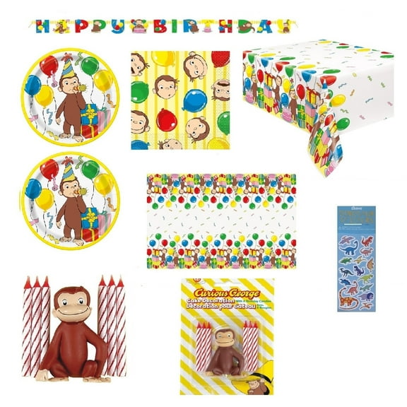 Curious George Birthday Party Supplies Bundle Pack includes 16 Dessert Plates, 16 Napkins, 1 Table Cover, 1 Happy Birthday Banner, 1 George Candle Decoration Set