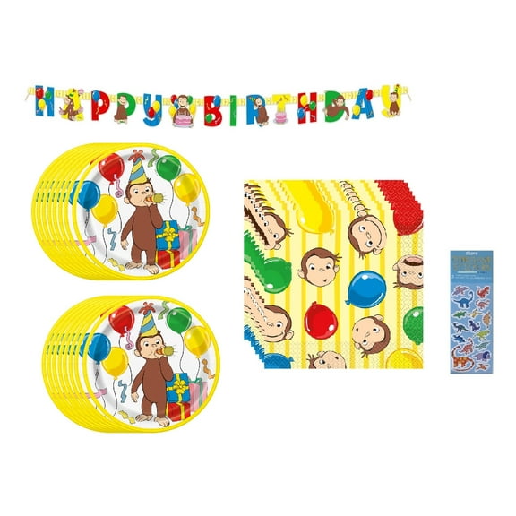 Curious George Birthday Party Supplies Bundle includes 16 Paper Plates 7", 16 Paper Napkins 2-Ply 6.5", 1 Happy Birthday Banner 6ft, 1 Dinosaur Sticker Sheet