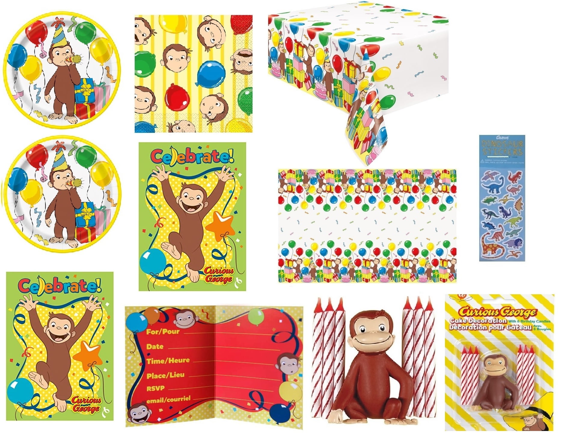 Curious George Birthday Party Supplies Bundle includes 16 Paper Plates 7", 16 Napkins, 1 Table Cover, 1 Cake Decoration with Candles, 16 Invitations, 1 Dinosaur Sticker Sheet