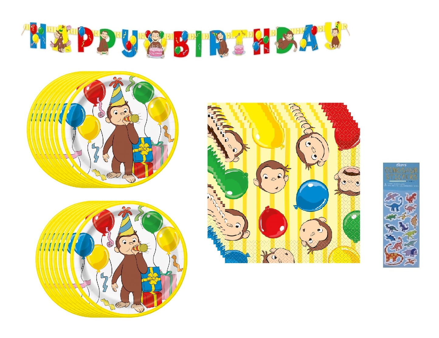 Curious George Birthday Party Supplies Bundle includes 16 Paper Plates 7", 16 Paper Napkins 2-Ply 6.5", 1 Happy Birthday Banner 6ft, 1 Dinosaur Sticker Sheet