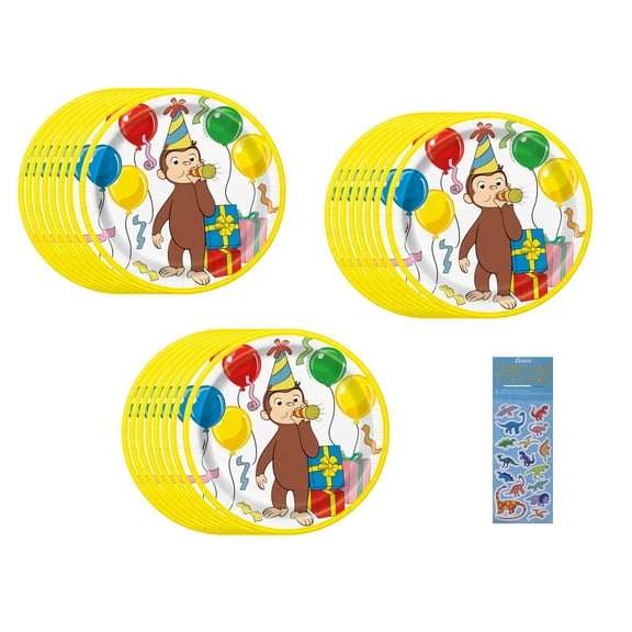 Curious George Birthday Party Supplies Bundle includes 24 Desser Cake Paper Plates 7" and 1 Dinosaur Sticker Sheet
