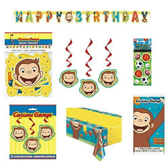 Curious George Birthday Party Supplies Decoration Bundle includes Happy Birthday Banner, Table Cover, Swirl Hanging Decoration, Stickers