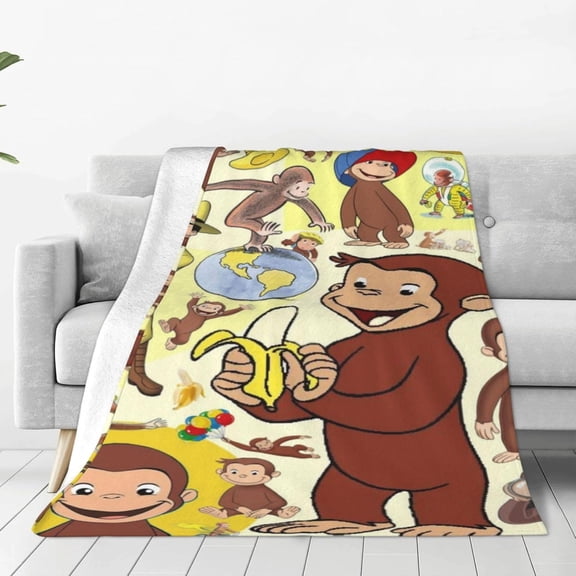 Curious George Blanket, Anime, Lightweight, Flannel, Washable, Anti-Static, Warm, Soft, Fluffy, Suitable for All Seasons