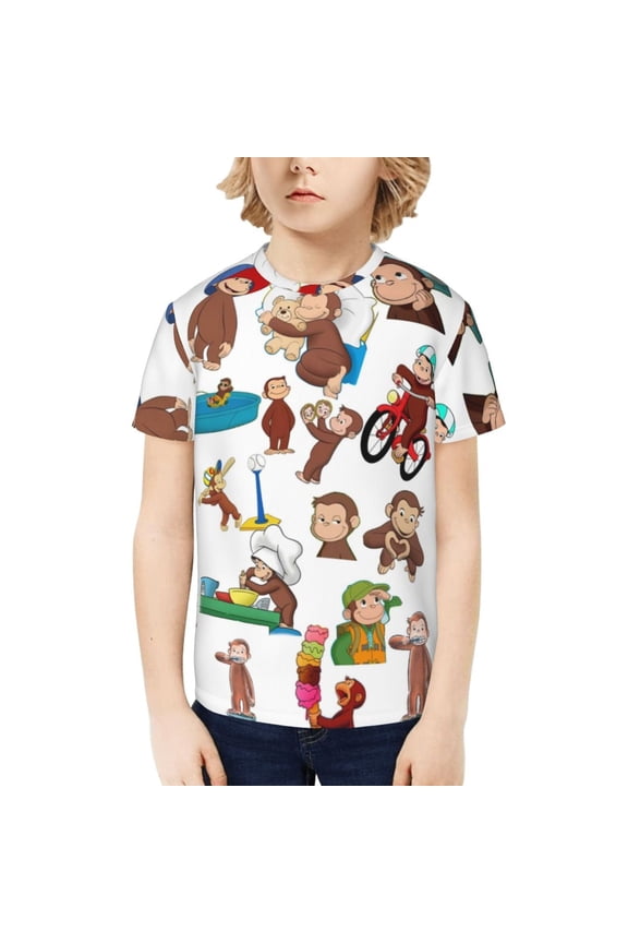 Curious George Boys Girls Teens T Shirt Graphic Print Casual Short Sleeve Funny Top Tees Shirt for Youth Kids