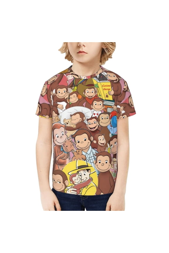 Curious George Boys Girls Teens T Shirt Graphic Print Casual Short Sleeve Funny Top Tees Shirt for Youth Kids
