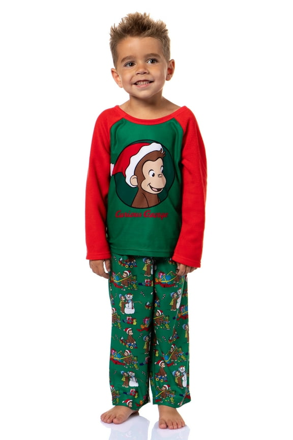 Curious George Christmas Fun Toddler Boy's Raglan Fleece 2-Piece Long Sleeve and Long PJ Pant Pajama Set