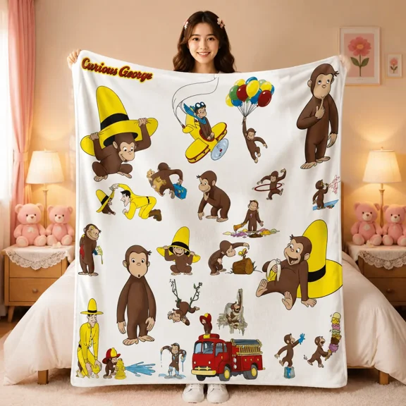 Curious George Classic Scene Collage Flannel Throw Blanket - Cute Cartoon Monkey Print, Ultra Soft Cozy Home Room Decor, All-Season Sofa Bedroom Cover, Perfect Gift for Curious George Fans