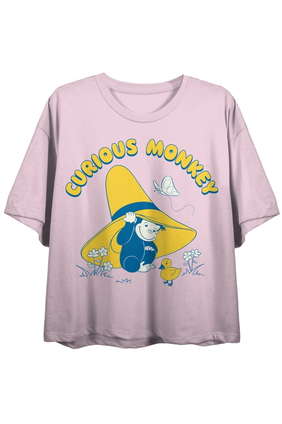 Curious George Curious Monkey Women's Cradle Pink Crew Neck Short Sleeve Crop Top-Small