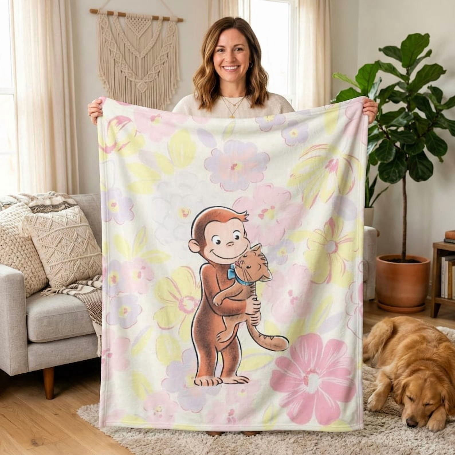 Curious George Cute Monkey Floral Pattern Nursery Cartoon Flannel ...