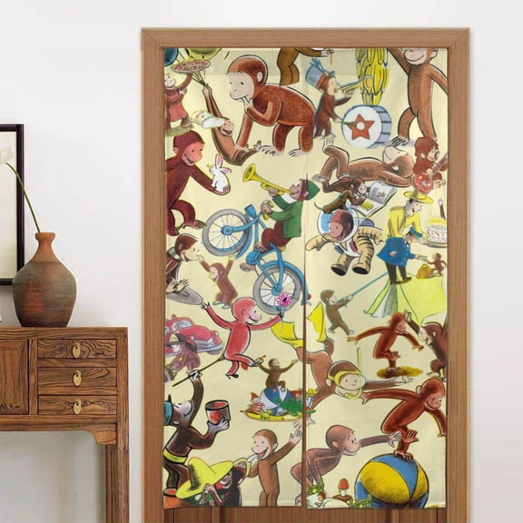 Curious George Doorway Curtain Cute Blackout Windproof Window Door Curtain Tapestry Colorful Room Privacy Divider Curtains Home Decoration 2 Panels 34"x56"