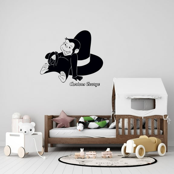 Curious George Eating Banana Wall Art Decal | 17" x 20" Removable Home Ape Monkey Magician Hat Decor Wall Design - Vinyl Adhesive Kids Bedroom Nursery Decoration Sticker - Black