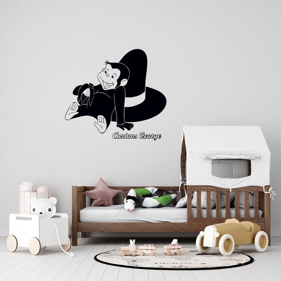 Curious George Eating Banana Wall Art Decal | 17" x 20" Removable Home Ape Monkey Magician Hat Decor Wall Design - Vinyl Adhesive Kids Bedroom Nursery Decoration Sticker - Black