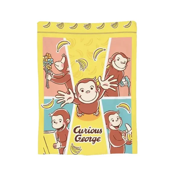 Curious George Flannel Blanket, Happy Monkey Banana Pattern Colorful Vintage Cartoon Character Graphic Throw Blanket