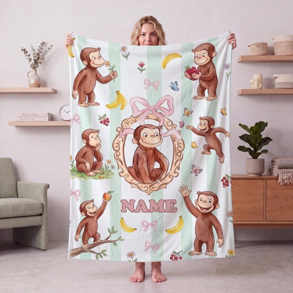 Curious George Flannel Blanket, Personalized Name Cute Monkey Floral Banana Pattern Graphic Throw Blanket