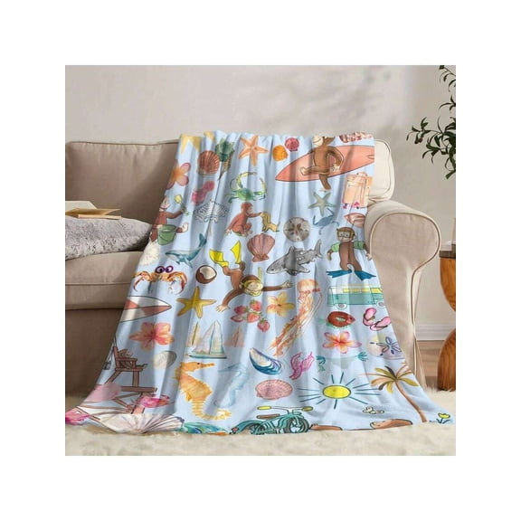Curious George Flannel Blanket - Soft Polyester Vintage Cartoon Design with George & Friends, Cozy Sofa TV Blanket, All-Season Gift for Youngsters