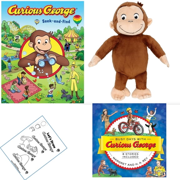 Curious George Gift Set - 8 Stories by H A Rey, Book Character Stuffed Animal Monkey, Curious George Seek-and-Find Book and Activity Pages (Humorous Creative and Educational Adventures)