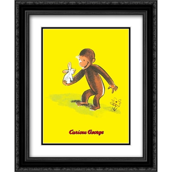 Curious George Holds a Bunny 2x Matted 20x24 Black Ornate Framed Art Print by H. A. Rey