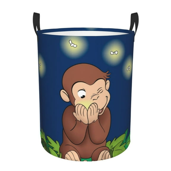 Curious George Laundry Basket Foldable Circular Dirty Clothes Toys Storage Organizer Bin Basket with Handles, Round Hamper For Bedroom Livingroom Bathroom