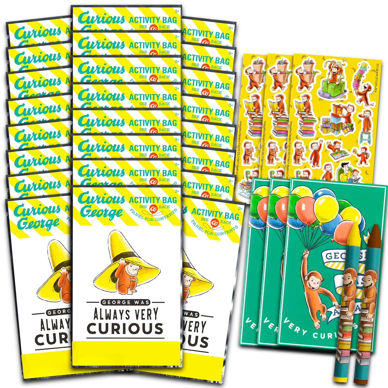 Curious George Mini Party Favors Set for Kids - Bundle with 24 Mini Curious George Grab n Go Play Packs with Coloring Pages, Stickers and More (Curious George Birthday Party Supplies)
