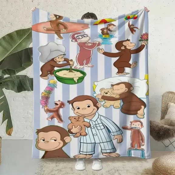 Curious George Monkey Fun Flannel Throw Blanket - Lightweight Flat-Weave Soft Polyester, Retro-Look Multi- ’ Blanket, for ’ Room & Couch/TV Time, Ideal ’s Birthday Gift