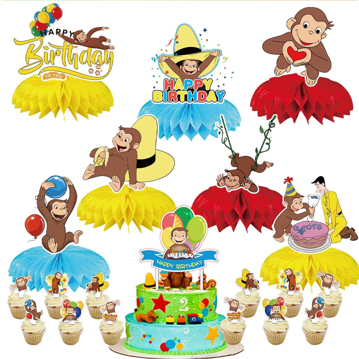 Curious George Monkey Party Decor Supplies Honeycomb Centerpieces Table Toppers Cake Toppers Decorations for Birthday