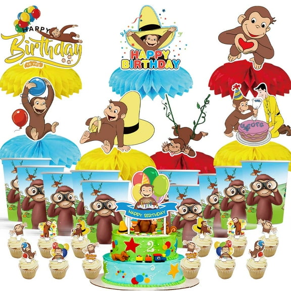 Curious George Monkey Party Supplies Decor Cups Fans Decorations Honeycomb Centerpieces Cake Toppers