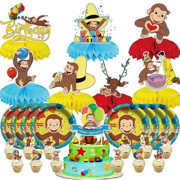 Curious George Monkey Party Supplies Decor Plates Fans Decorations Honeycomb Centerpieces Cake Toppers