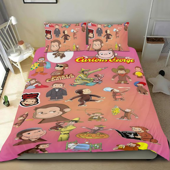 Curious George Monkey themed cotton sheet set, three-piece, comfortable, quick-clean fabric, distinctive design, great home decor gifts, 68x86 in (173*218 cm).