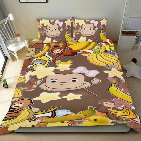 Curious George Monkey themed sheet set, three-piece, plush,standout design, machine-washable, great gifts for family, friends, fans, 68x86 in (173*218 cm).