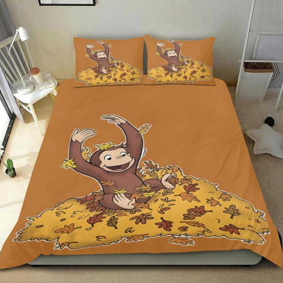 Curious George Monkey themed sheet set, three-piece, plush,standout design, machine-washable, great gifts for family, friends, fans, 68x86 in (173*218 cm).