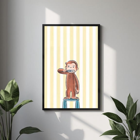 Curious George Poster Toothbrush Monkey Wall Art Yellow Striped Nursery Print Kids Bathroom Bedroom Decor Storybook Gift Wall Poster Art