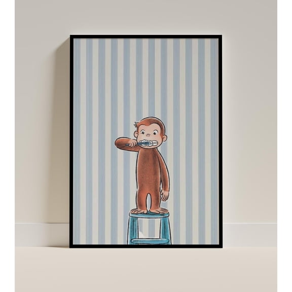Curious George Poster Vintage Cartoon Monkey Wall Art Kids Room Decor Funny Bathroom Print Nostalgic Character Artwork UNFRAMED