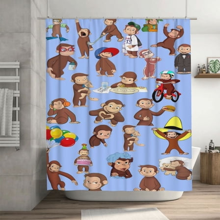 Curious George Shower Curtain Cartoon Art Bath Shower Curtains with 12 Hooks, Waterproof Washable Polyester Bathroom Home Decor Set 72x72 Inch, Iron