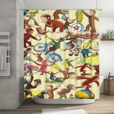 Curious George Shower Curtain Cartoon Art Bath Shower Curtains with 12 Hooks, Waterproof Washable Polyester Bathroom Home Decor Set 72x72 Inch, Iron