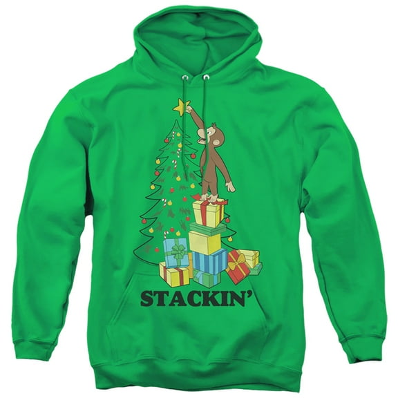 Curious George Stackin Adult Pullover Hoodie Sweatshirt Kelly Green