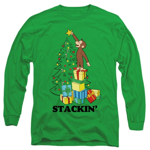 Curious George Stackin Long Sleeve Adult 18/1 T-Shirt Kelly Green