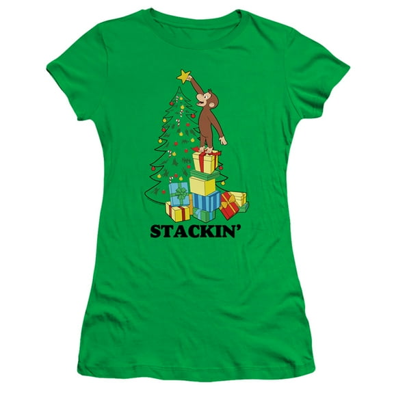 Curious George Stackin S/S Junior Women's T-Shirt Sheer Kelly Green